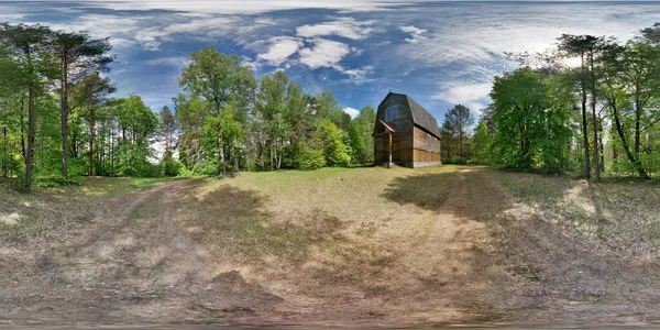 Panorama 360 Angle View Ancient Wooden Catholic Church Summer Forest — Stock Photo, Image