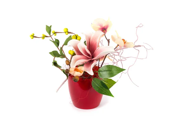 Sammansã Ttning Med Konstgjorda Blommor Kruka Isolerad Vit Bakgrund — Stockfoto