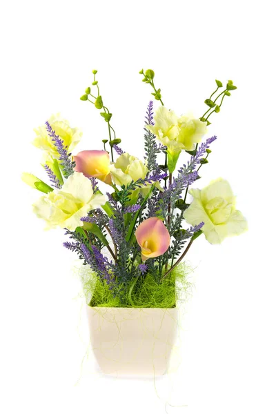 Komposition Mit Künstlichen Blumen Einem Topf Isoliert Auf Weißem Hintergrund — Stockfoto
