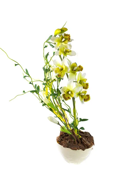 Sammansã Ttning Med Konstgjorda Blommor Kruka Isolerad Vit Bakgrund — Stockfoto