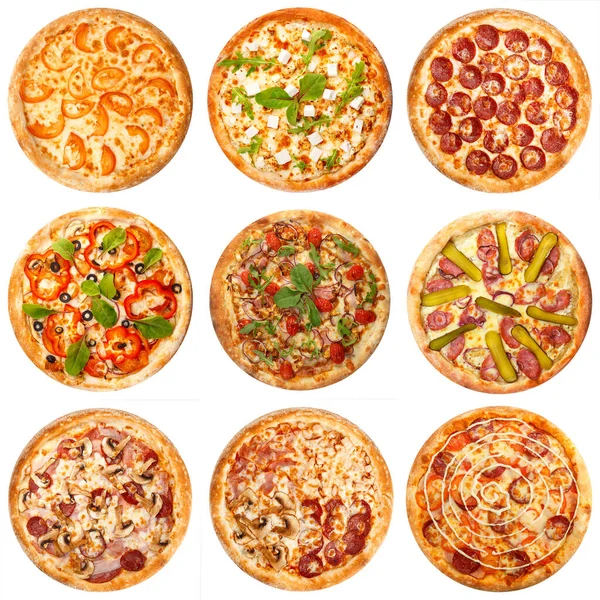 Conjunto Nove Tipos Diferentes Pizza Isolada Fundo Branco — Fotografia de Stock