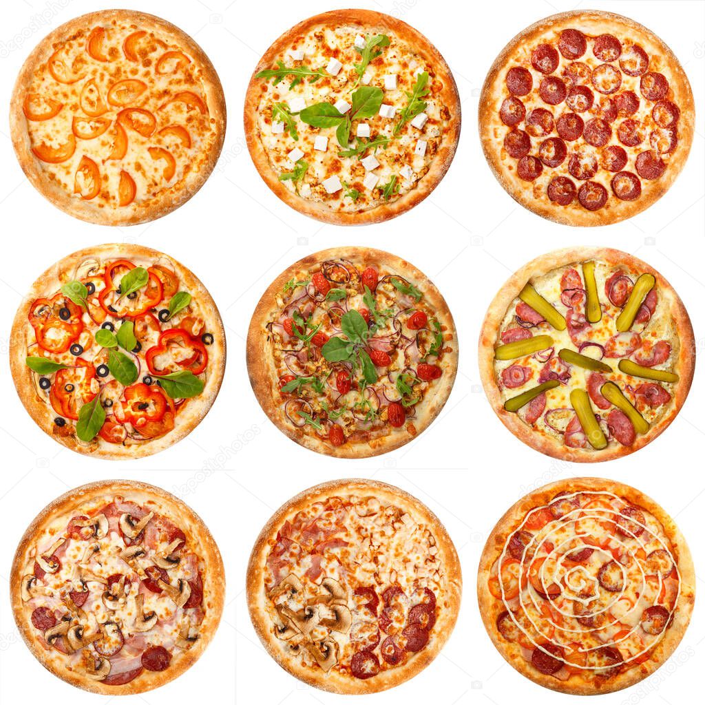Set of nine different kind of pizza isolated on white background