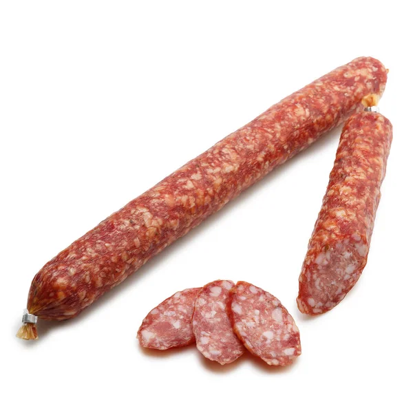 Saucisse Porc Séchée Viande Fumée Isolée Sur Fond Blanc — Photo