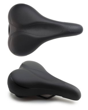 Bisiklet koltuğu iki açılı. Üst ve yan görünüm. Beyaz arkaplanda izole.