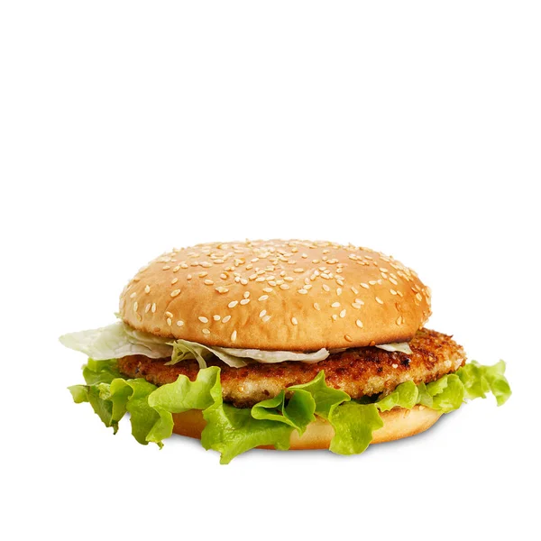Класичний Гамбургер Дрібкою Капустою Салатом Ізольований Білому Тлі — стокове фото