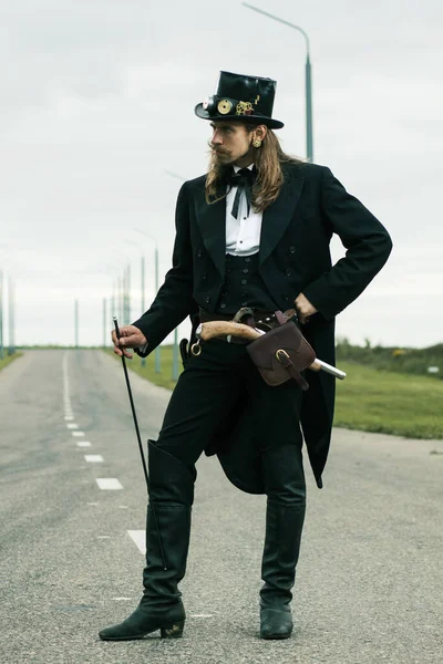 Young Man Weared Steampunk Style Posing Road — Stock Photo, Image