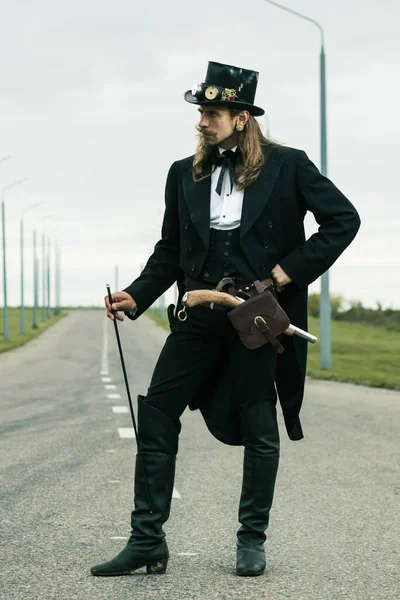 Young Man Weared Steampunk Style Posing Road — Stock Photo, Image
