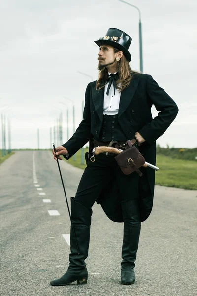 Young Man Weared Steampunk Style Posing Road — Stock Photo, Image