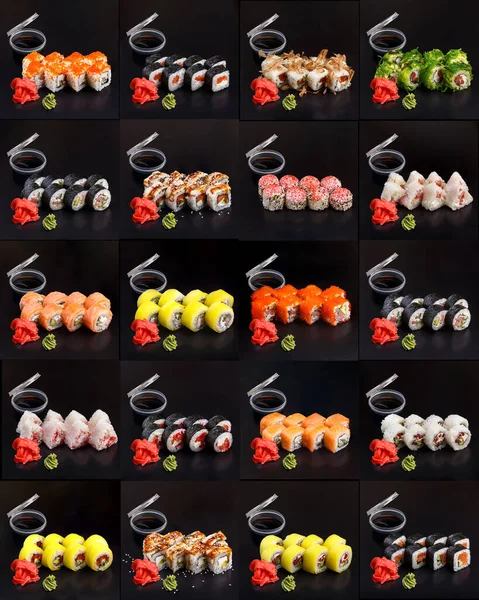 Venti Diversi Tditional Delizioso Rotolo Sushi Fresco Impostato Uno Sfondo — Foto Stock