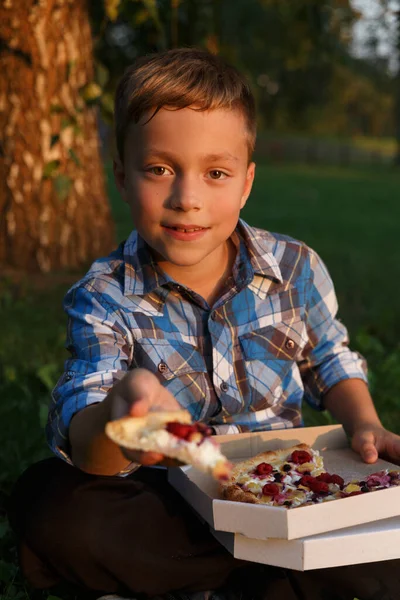 Pojken Erbjuder Bit Pizza Picknick Gräset Pojken Äter Middag Med — Stockfoto