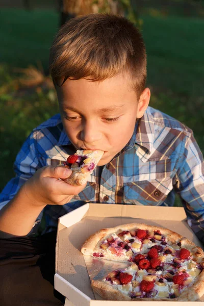 Jongen Eet Een Stuk Pizza Picknick Het Gras Jongen Heeft — Stockfoto