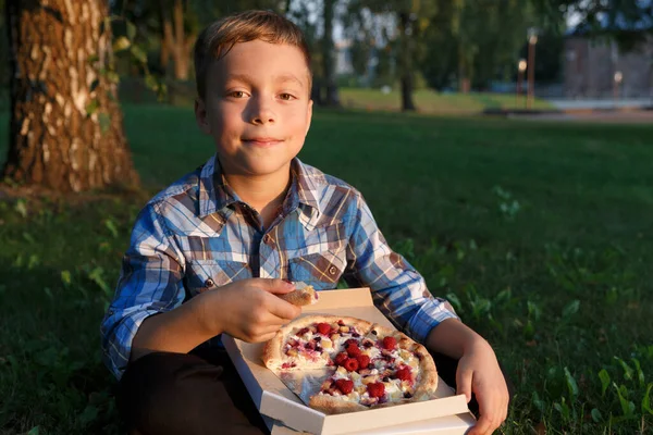 Jongen Eet Een Stuk Pizza Picknick Het Gras Jongen Heeft — Stockfoto
