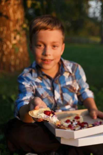 The boy eat a piece of pizza. Picnic on the grass. Boy have a dinner with sweet pizza on the meadow .