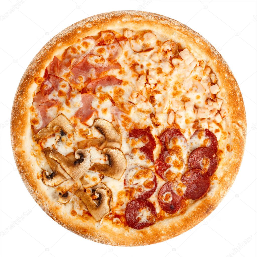 Delicious classic italian pizza with Mozzarella, chicken fillet , ham, pepperoni sausage and mushrooms isolated on white background. Top view.