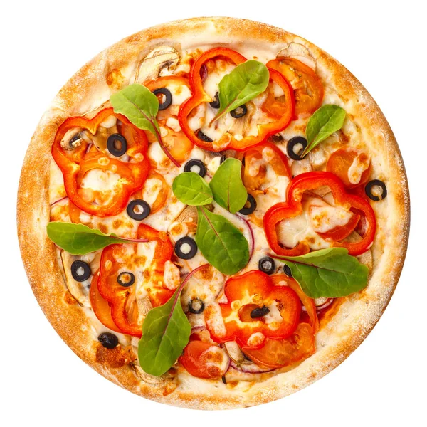 Delicious Classic Italian Pizza Mozzarella Peppers Tomatoes Onions Olives Arugula Stock Picture