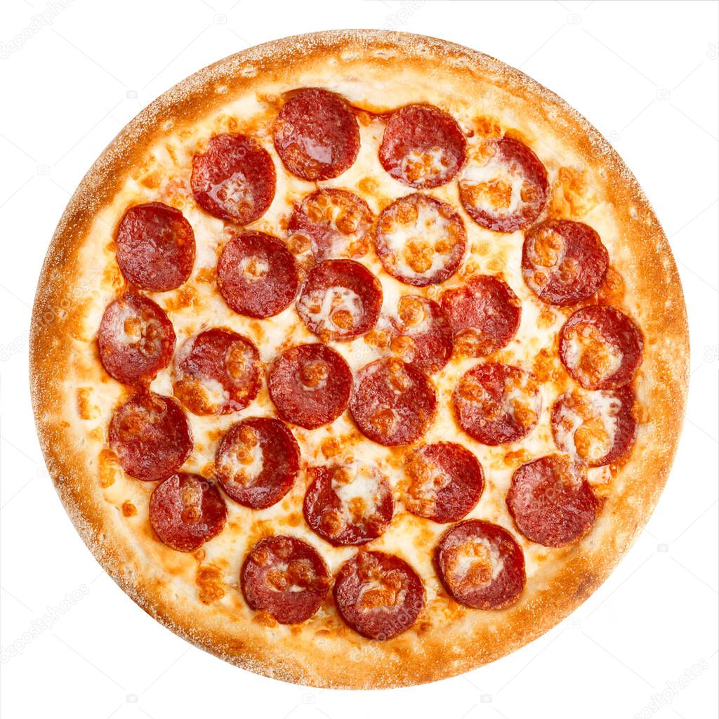 Delicious classic italian pizza with Mozzarella and pepperoni sausage isolated on white background. Top view.