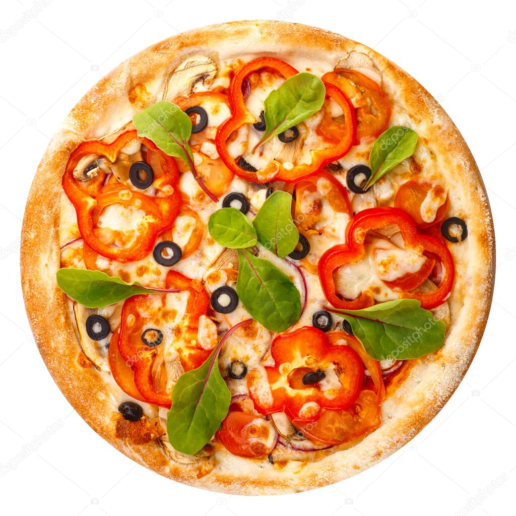 Delicious classic italian pizza with Mozzarella, peppers, tomatoes, onions, olives and arugula isolated on white background. Top view.