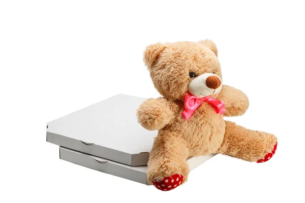 Ein Teddybär Mit Zwei Pizzen Schachteln Isoliert Auf Weißem Hintergrund — Stockfoto