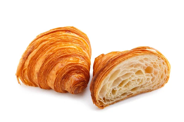 Frissen Sült Croissant Vágott Félbevágott Elszigetelt Fehér Alapon Oldalnézet — Stock Fotó