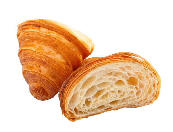 Frisch Gebackenes Croissant Halbiert Isoliert Auf Weißem Hintergrund Seitenansicht — Stockfoto