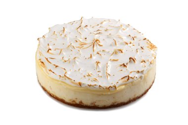 New York usulü peynirli kek beyaz arka planda izole edilmiş. Tam peynirli tart. Ev yapımı kremalı peynirli kek..