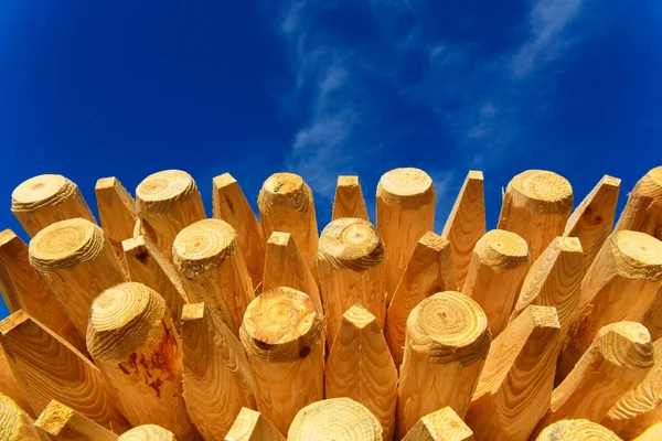 Een Stapel Vers Gemaakte Houten Palen Tegen Een Blauwe Lucht — Stockfoto