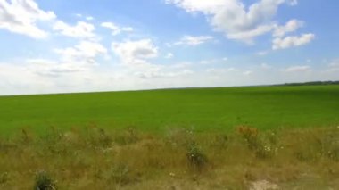 Güneşli bir günde otoyolda giden bir arabanın camından yeşil alan ve mavi gökyüzü manzarası