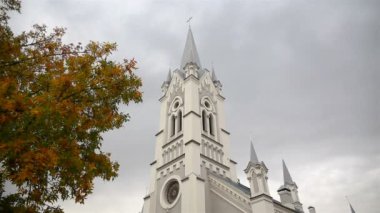 Grodno 'daki St. John' s Lutheran Kilisesi, arka planda Belarus. Sarı yapraklı bir dişbudak ağacı dalı. Sonbahar manzarası.