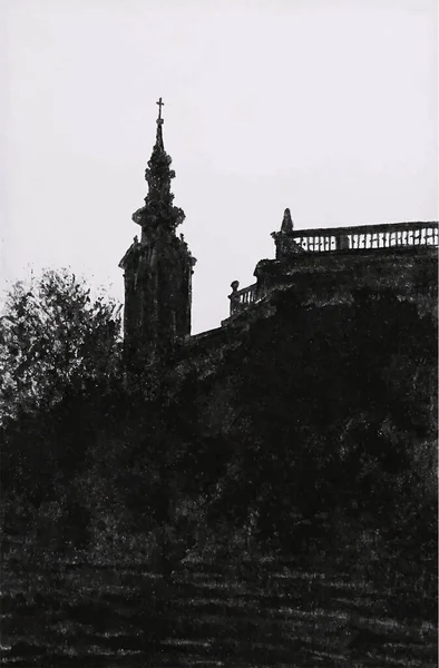 Black and white drawing, the silhouette of Kalemegdan in Belgrade and famous Belgrade churches