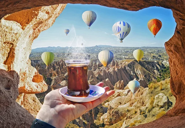 Morning Cup Tea View Colorful Hot Air Balloons Flying Valley — Stock Photo, Image