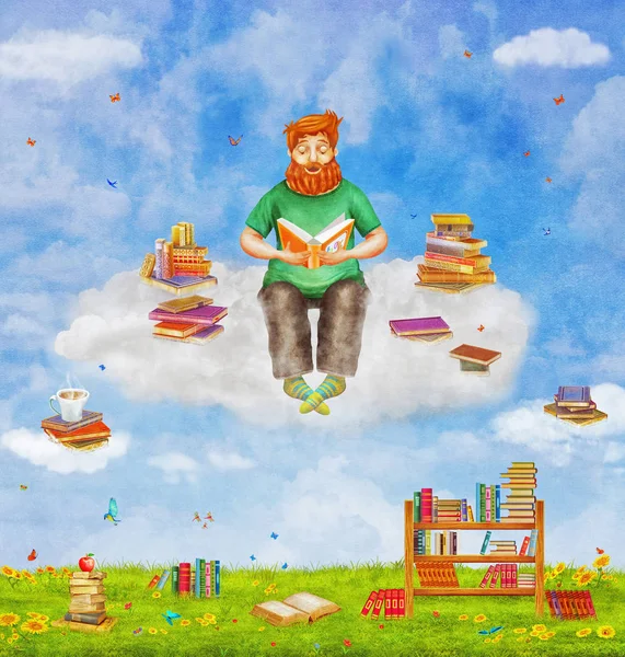 Illustration Jeune Homme Roux Lisant Livre Sur Nuage Nombreux Livres — Photo