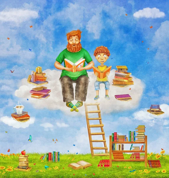 Illustration Ginger Father Son Reading Books Cloud Many Books Glade — Stock Photo, Image