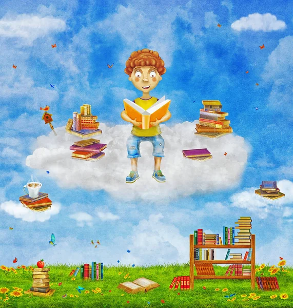 Ilustrace Zázvor Mladík Čte Knihu Cloud Mnoho Knih Mýtině Koncepce — Stock fotografie