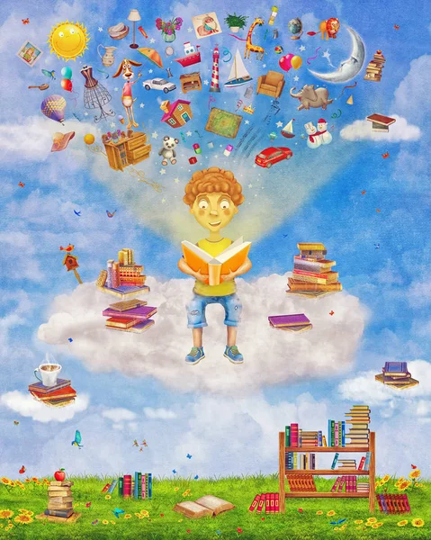 Ilustración Pequeño Niño Jengibre Leyendo Libro Sobre Nube Muchos Libros — Foto de Stock