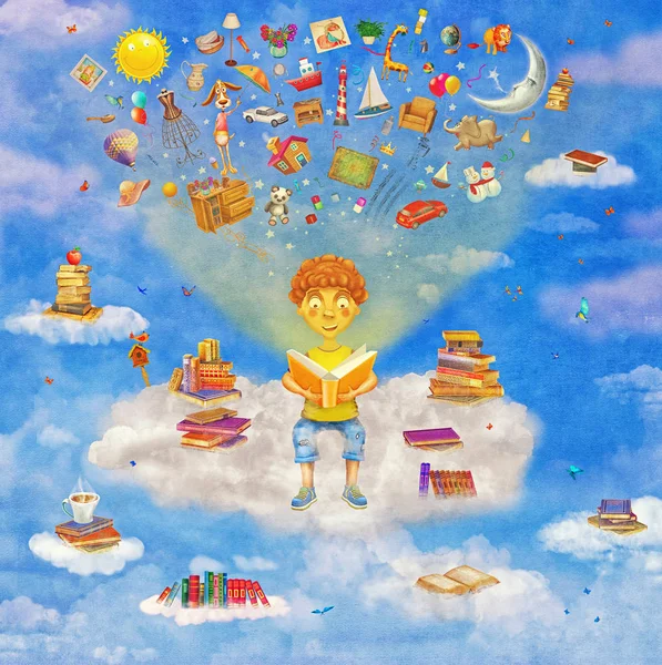 Illustration of  little  young ginger boy   reading a book   on cloud  ,many books on a glade ,objects flying out .Concept art