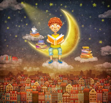 Küçük genç zencefil çocuk ay, gece gökyüzünde şirin evlerin arka plan üzerine bir kitap okuma Illustration. Konsept Sanat