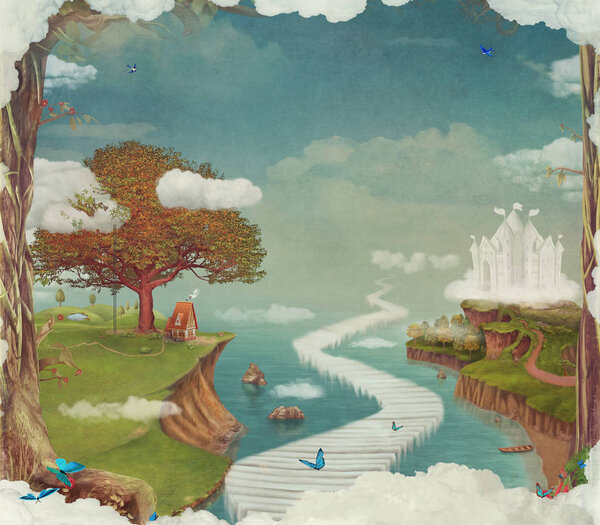 Fairy tale, cartoon background, digital art. Illustration of a fairytale fantastic forest , castle, bridge, lake and big tree in sky ,concept art card