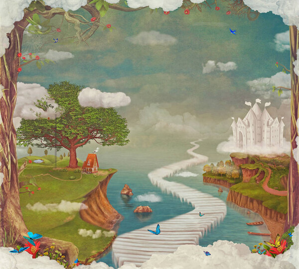 Fairy tale, cartoon background, digital art. Illustration of a fairytale fantastic forest , castle, bridge, lake ,sky and big tree in sky ,concept art card