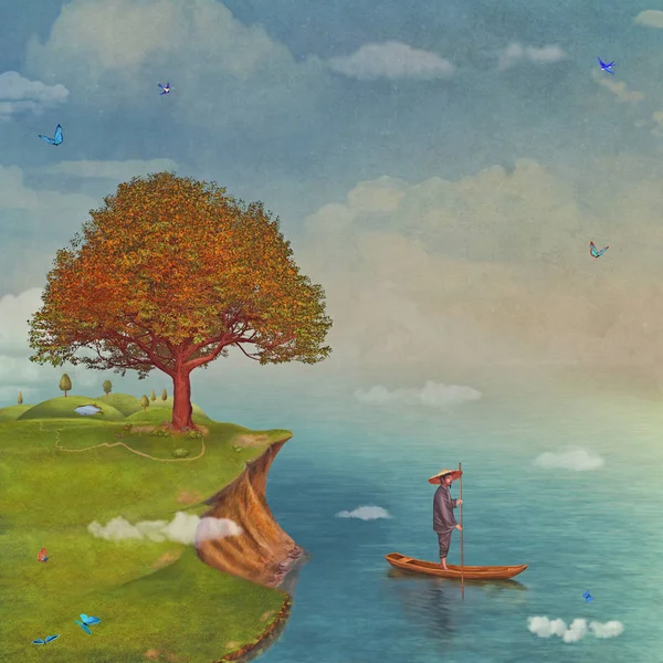 中国人在河边的小船上 童话梦幻般的湖泊 天空和大树 概念艺术卡插图 — 图库照片