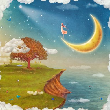 Kız gece yıldızlar gökyüzünde hayran. Bir peri masalı çizgi film arka plan harika büyük ağaç, glade, nehir, dreamland, sanat kavramına kartı gökyüzünde çizimi .