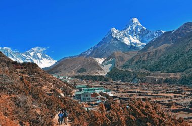 View on beautiful   Lower Pangboche village and Ama Dablam mountain, Everest Region, Sagarmatha National Park, Khumbu valley, Solukhumbu,  Himalayas mountains, Nepal   clipart
