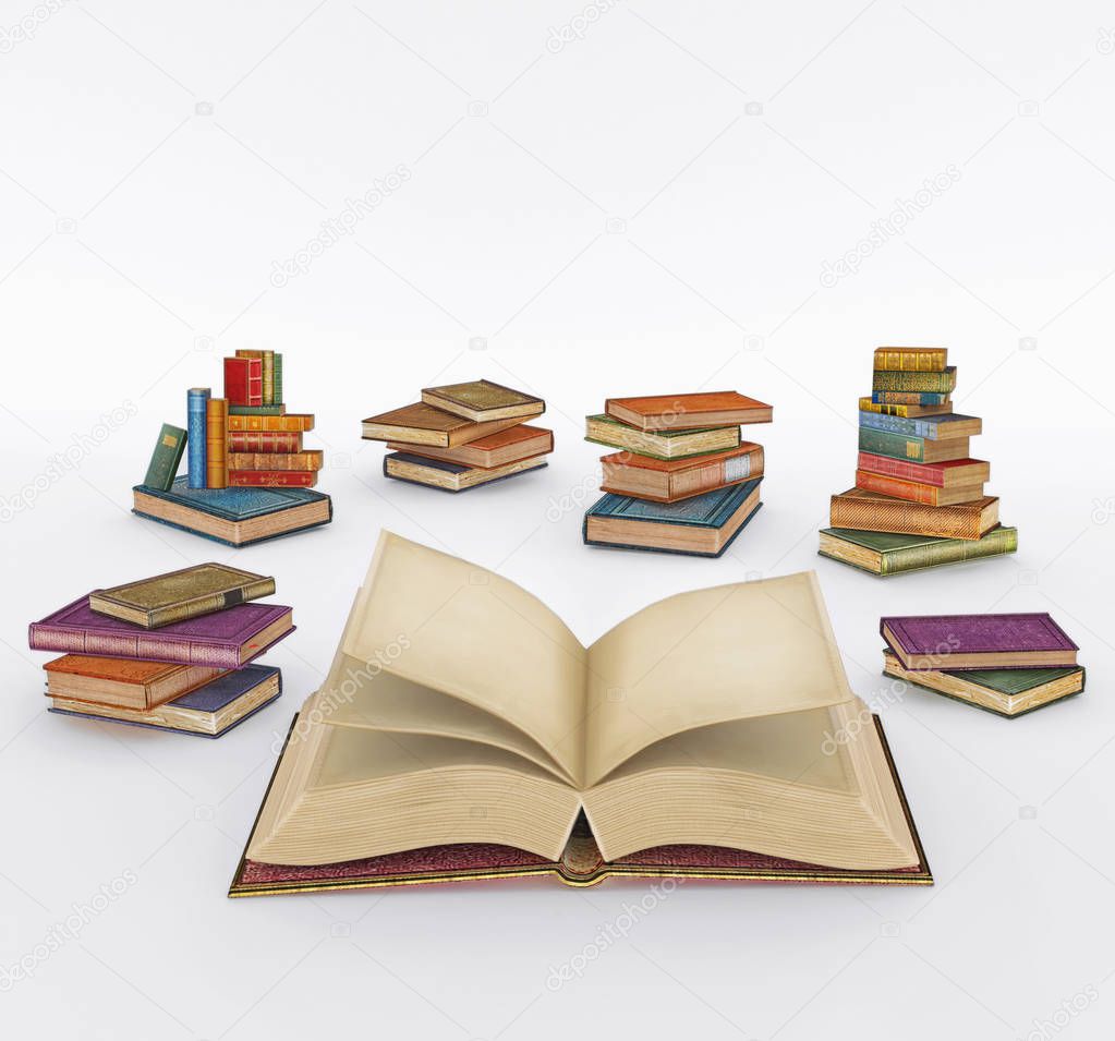 3D illustration rendering  cartoon of   many multi colored vintage books on white background .Concept art. 
