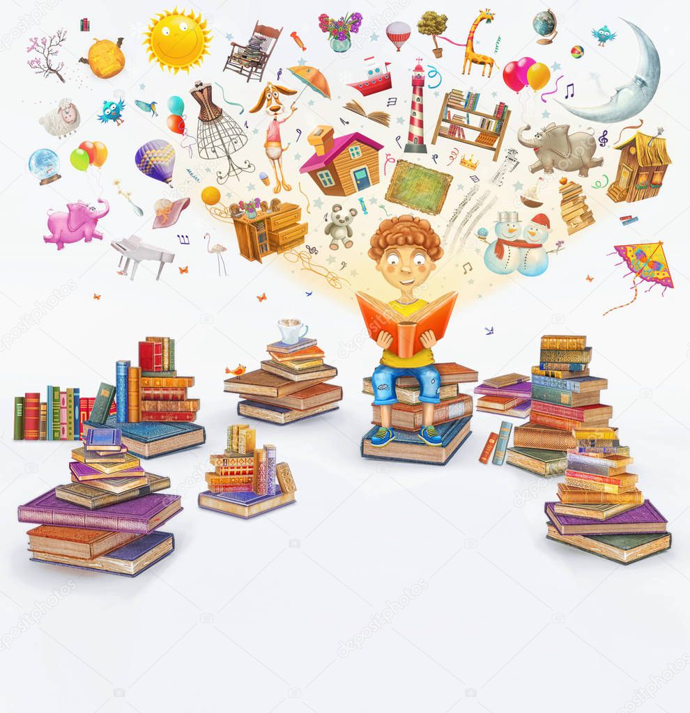 3D Illustration rendering   of  little  young ginger boy   reading a book   on white background  ,many books  ,objects flying out .Concept art