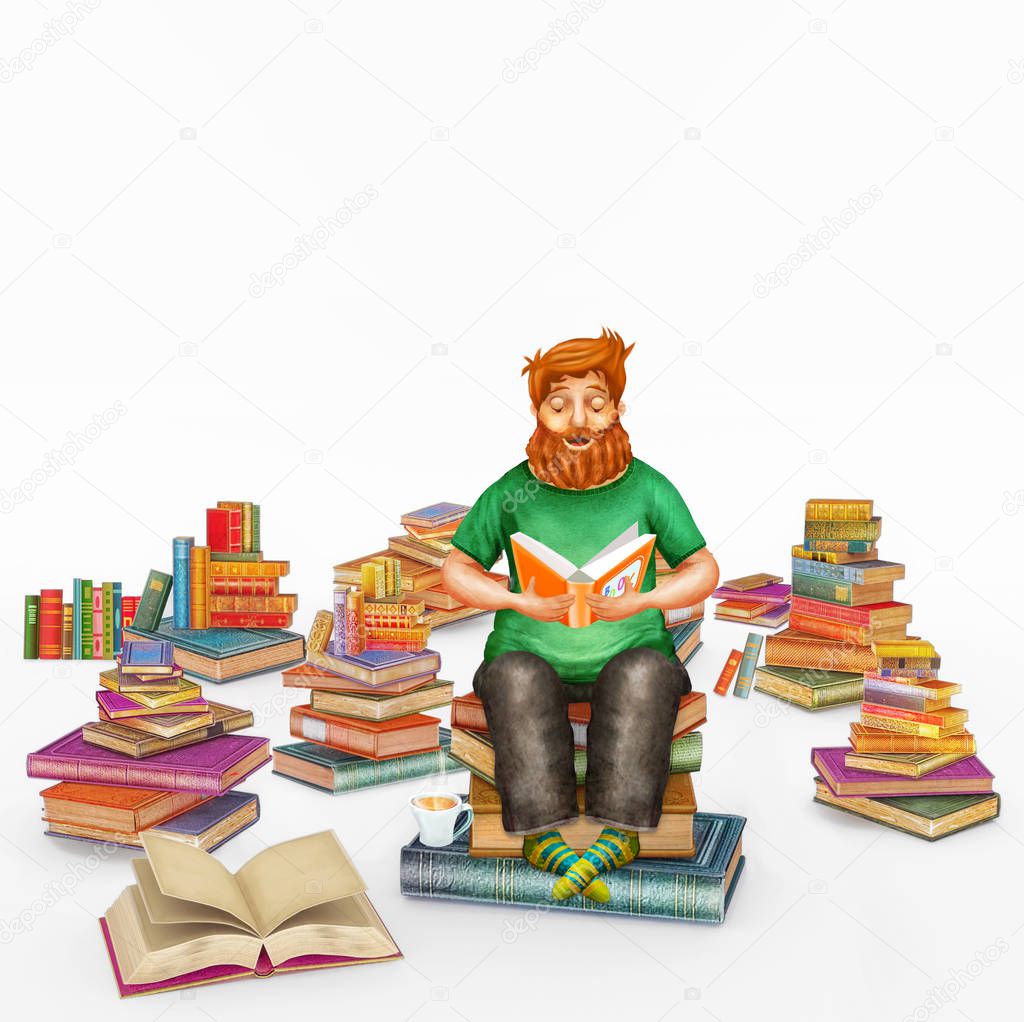3D Illustration rendering   of  young ginger  man  reading a book   ,many books on white background.Concept art. 