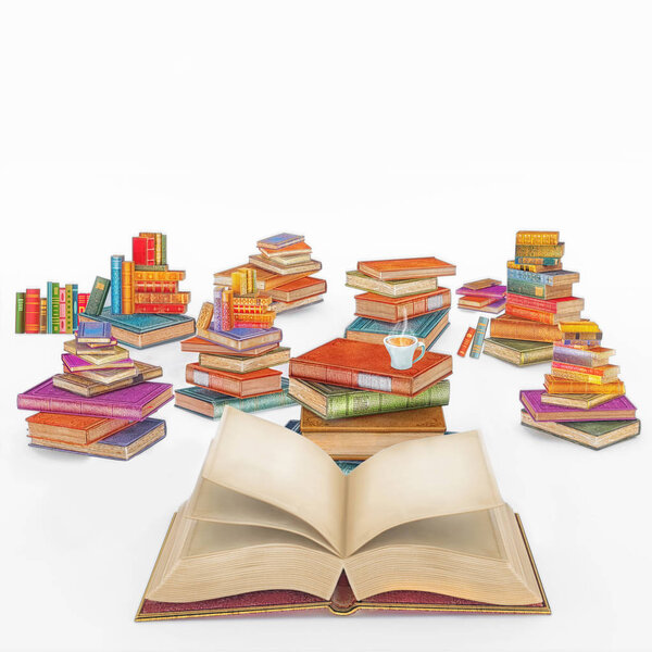 3D illustration rendering  cartoon of   many multi colored vintage books on white background Royalty Free Stock Photos