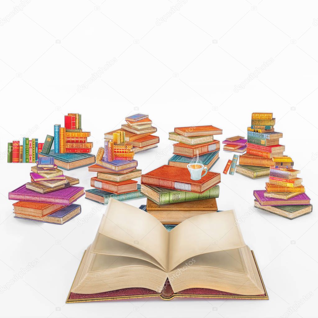 3D illustration rendering  cartoon of   many multi colored vintage books on white background