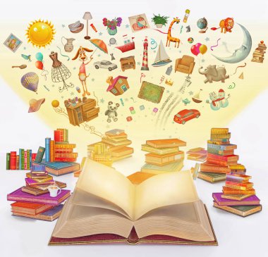 3D Resim işleme karikatür birçok Multi kitaplar vintage beyaz arka plan üzerinde renkli. Okul ile açık kitap öğeleri sağlar. Konsept sanat. 