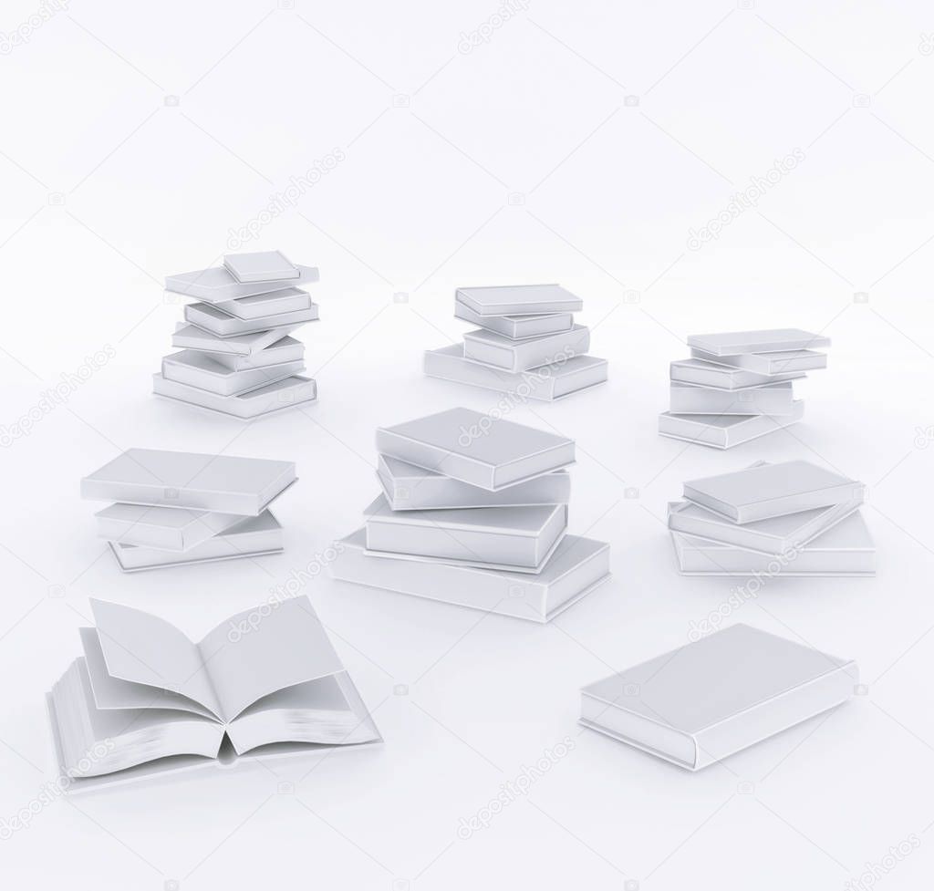 Realistic collection set of 3d open and closed books with blank white cover isolated  illustration .
