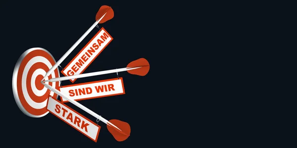 Arrows on target. Concept for motivation. With text in German: Together we are strong. 3d rendering