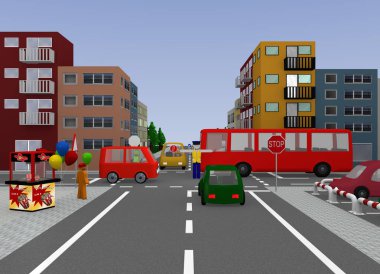 Bir polis memuru tarafından trafik kontrolü ile kavşak. 3D render
